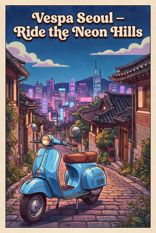 Plakát Vespa Seoul Vintage Poster – Neon Night Hillside