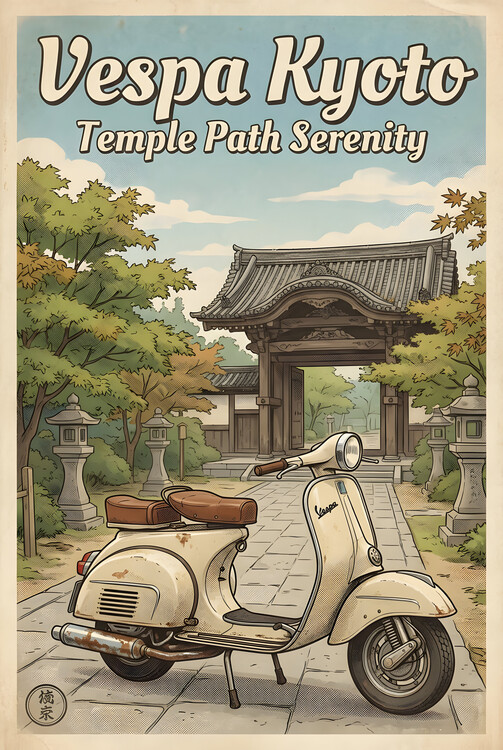 Plakát Vespa Kyoto Vintage Poster – Retro Japanese Temple Art