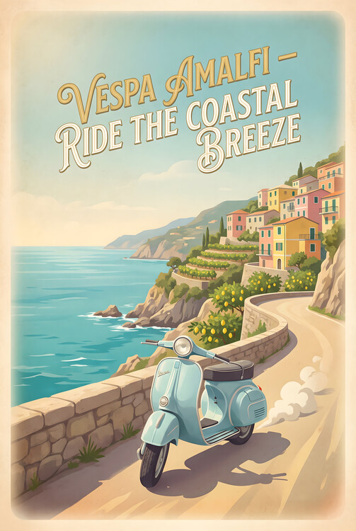 Plakát Vintage Vespa Riviera Escape – Amalfi Coast