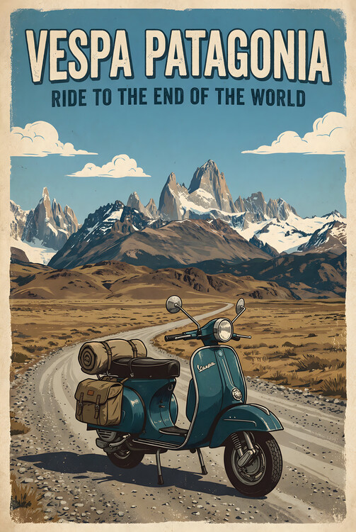 Plakát Vespa Patagonia Vintage Poster – Retro Mountain Expedition