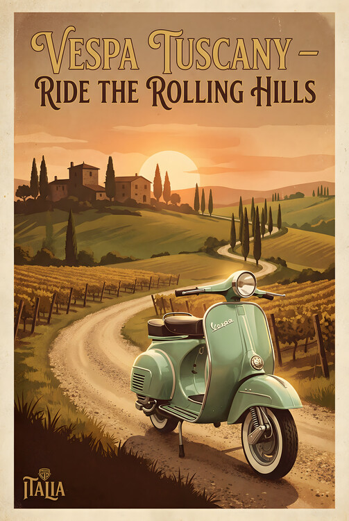 Plakát Vespa Tuscany Vintage Poster – Retro Italian Countryside Art