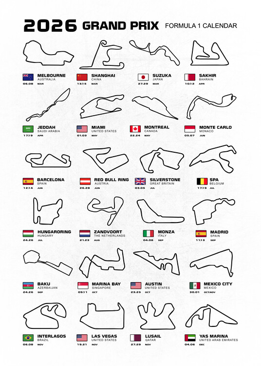 Plakát Formula 1 Season Calendar 2026 Grand Prix