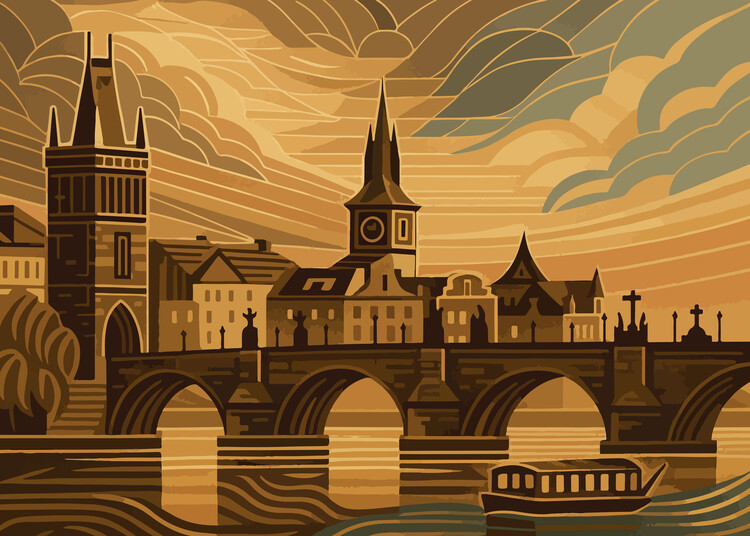 Plakát Art Deco Prague Wall Art – Charles Bridge Sunset Illustratio