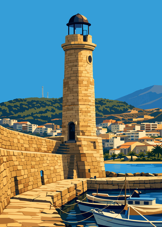 Plakát Greece - Rerthymon Lighthouse - Mediterranean Coastal Art Pr