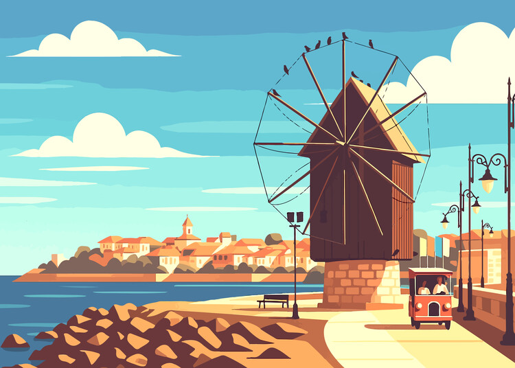 Plakát Nesebar Coastal Windmill Art Print – Bulgaria Seaside Town