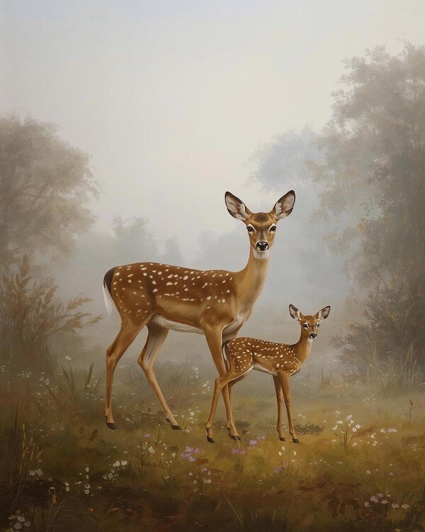 Plakát Roe Deer with her baby in a misty meadow