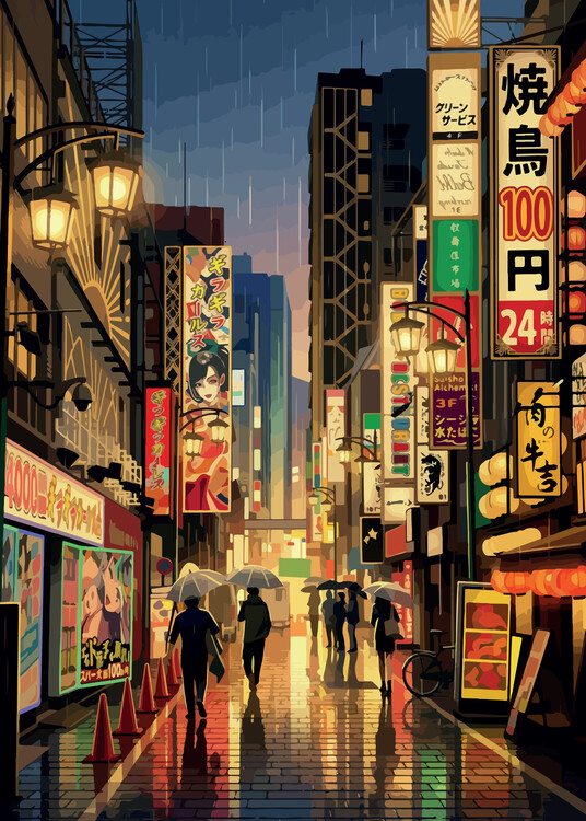 Plakát Japan - Tokyo Shinjuku Night Rain – Neon Street Scene Japan