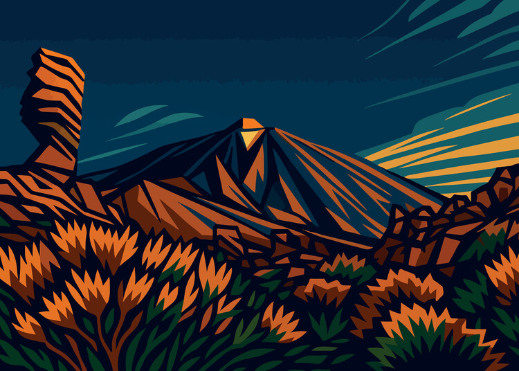 Plakát Spain - Tenerife - El Teide - Art Deco Mountain Landscape