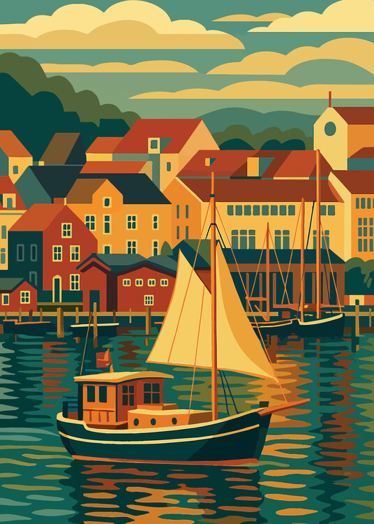 Plakát Germany - Flensburg Sailboat Scene - Retro Art Deco