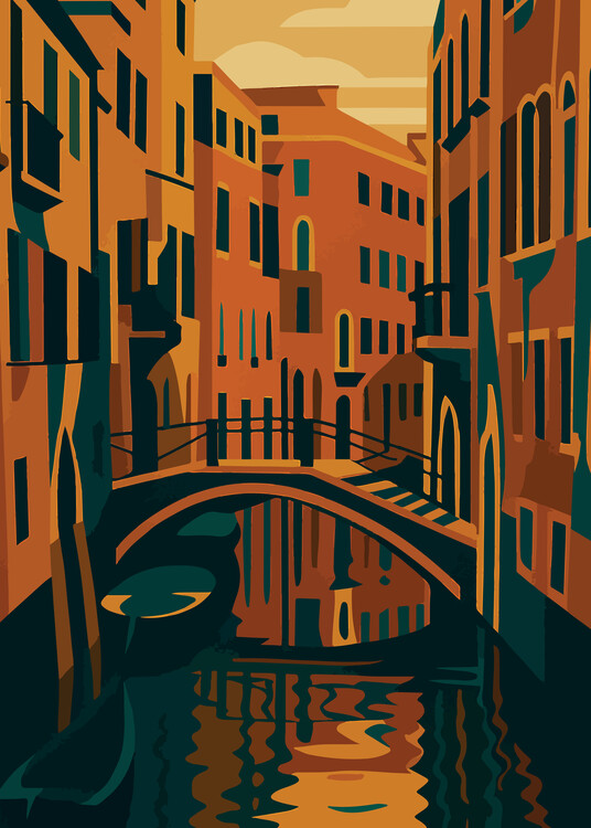 Plakát Italy - Art Deco Venice Canal at Sunset - retro