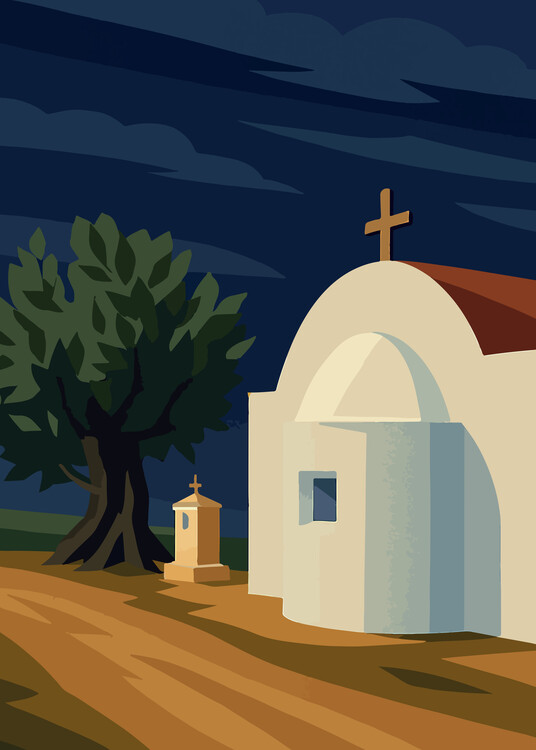 Plakát Greek Chapel Wall Art - retro Landscape Print