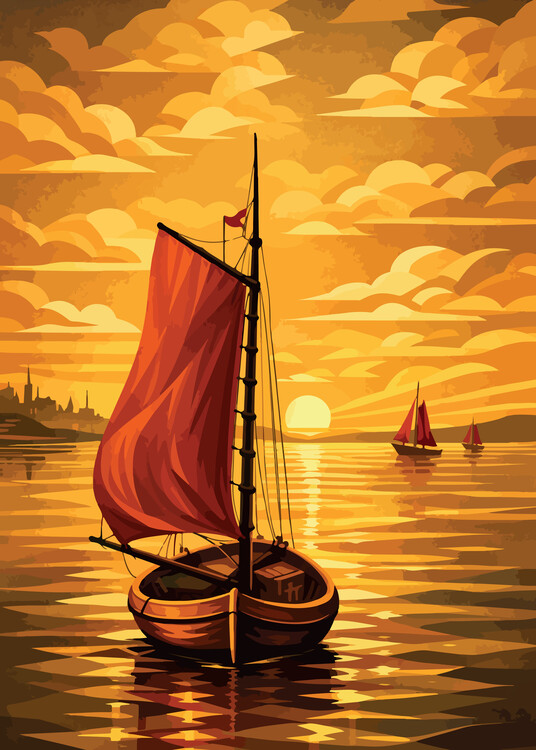 Plakát Boat Red Sails at Golden Hour - art deco Art Print
