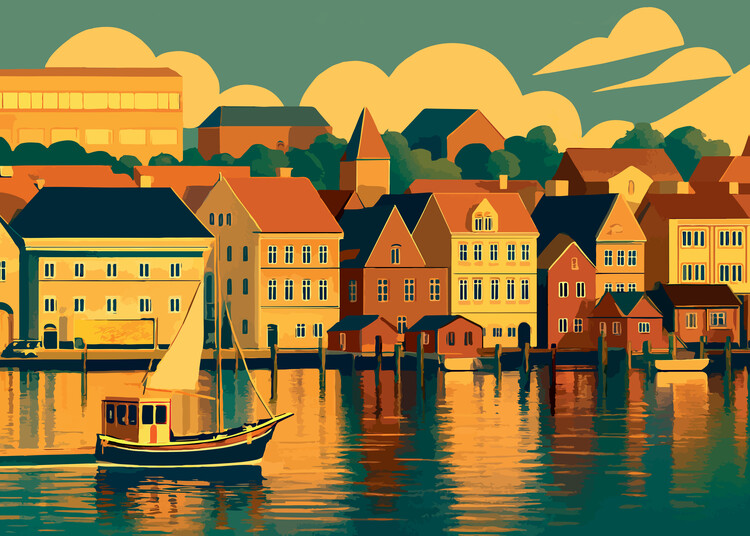 Plakát Germany - Flensburg - Colorful Harbor Scene - Art Print retr
