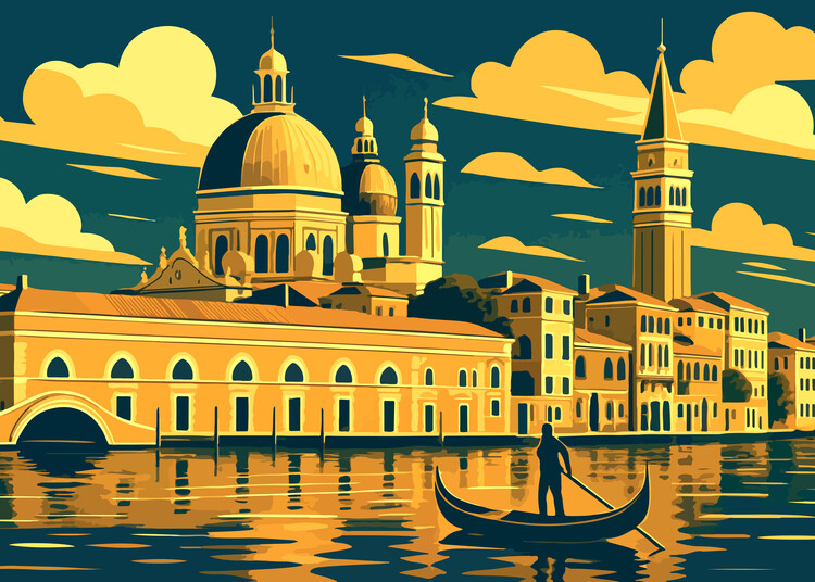 Plakát Italy - Venice Skyline - Architectural Art Print with Gondol
