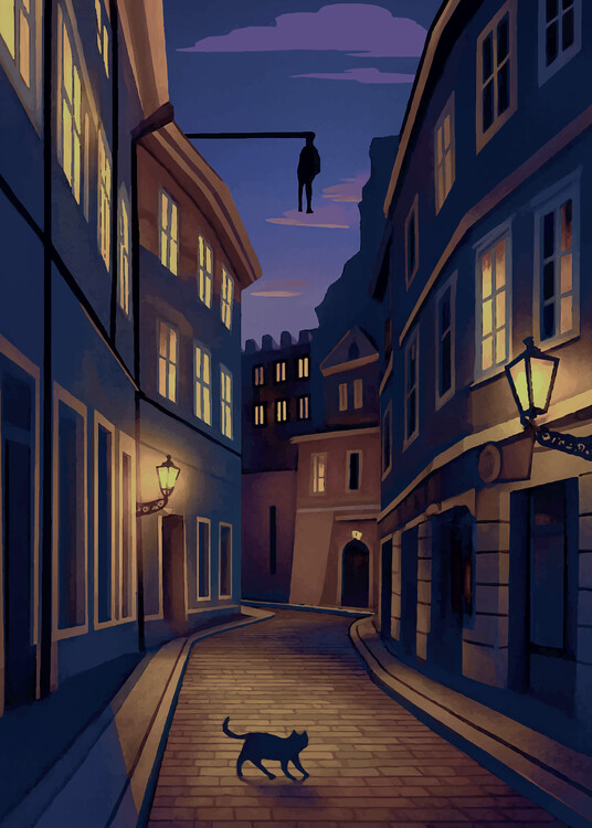 Plakát Prague at Dusk - Atmospheric Cityscape Art Print with Black