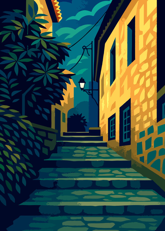 Plakát Tossa de Mar Spain  Stylized Mediterranean Alleyway Art deco