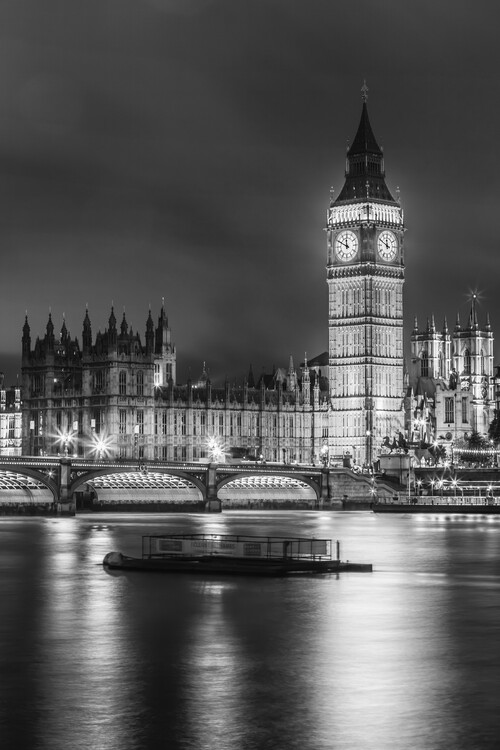 Plakát LONDON Night-time view of Big Ben - monochrome