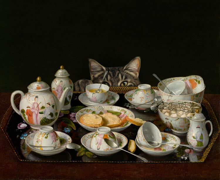 Obraz na plátně A Tea Set With A Cat