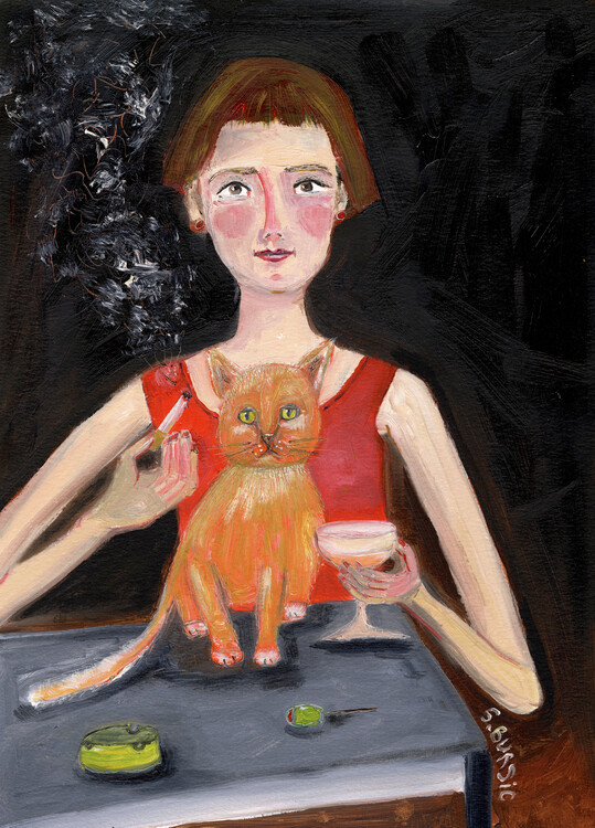 Plakát Vintage woman with cocktail and cat
