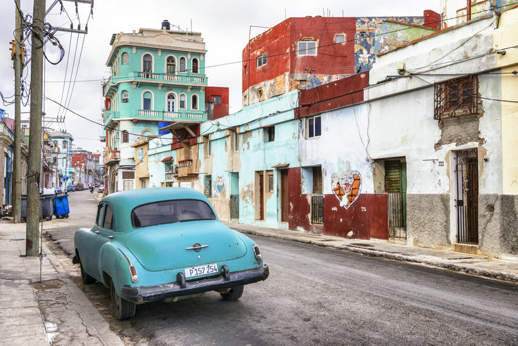 Cuba stampa colori brillanti quadro tela plastificata città automobile  120x40cm