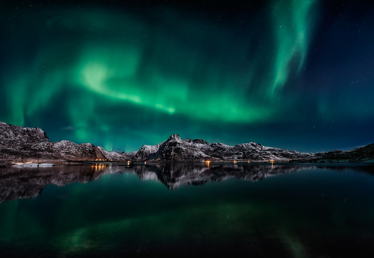 Obraz na plátně Lofoten Aurora Reflection