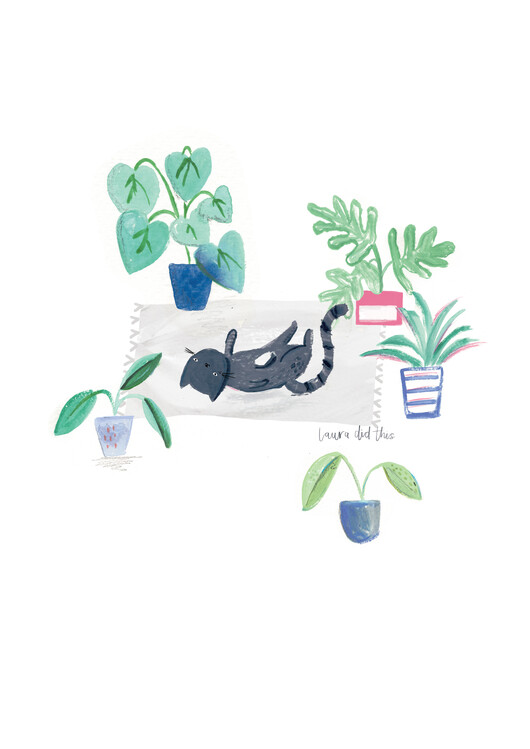 Ilustrace Black cat on grey scandi rug
