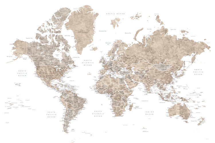 Fototapet Neutral watercolor detailed world map with cities, Abey