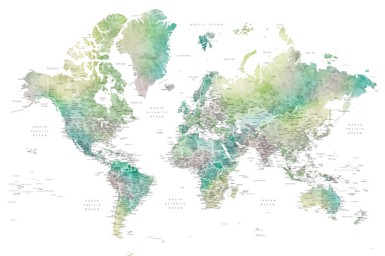 Mapa Watercolor world map with cities in muted green, Oriole, Blursbyai, 40x26.7 cm