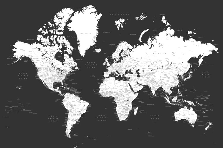 Mapa Black and white detailed world map with cities, Milo, Blursbyai, 40x26.7 cm