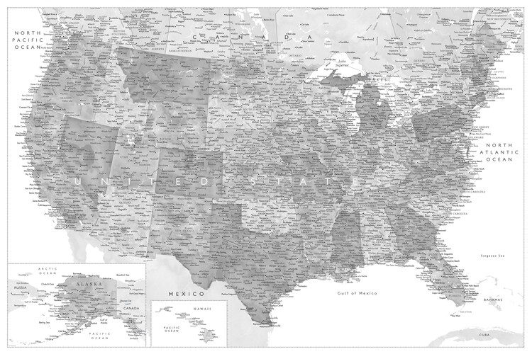 Kartta Highly detailed map of the United States in grayscale watercolor ǀ  Kaikki kaupunkikartat ja maailmankartat seinälle