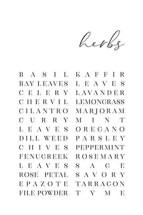 Ilustracija List of herbs typography art