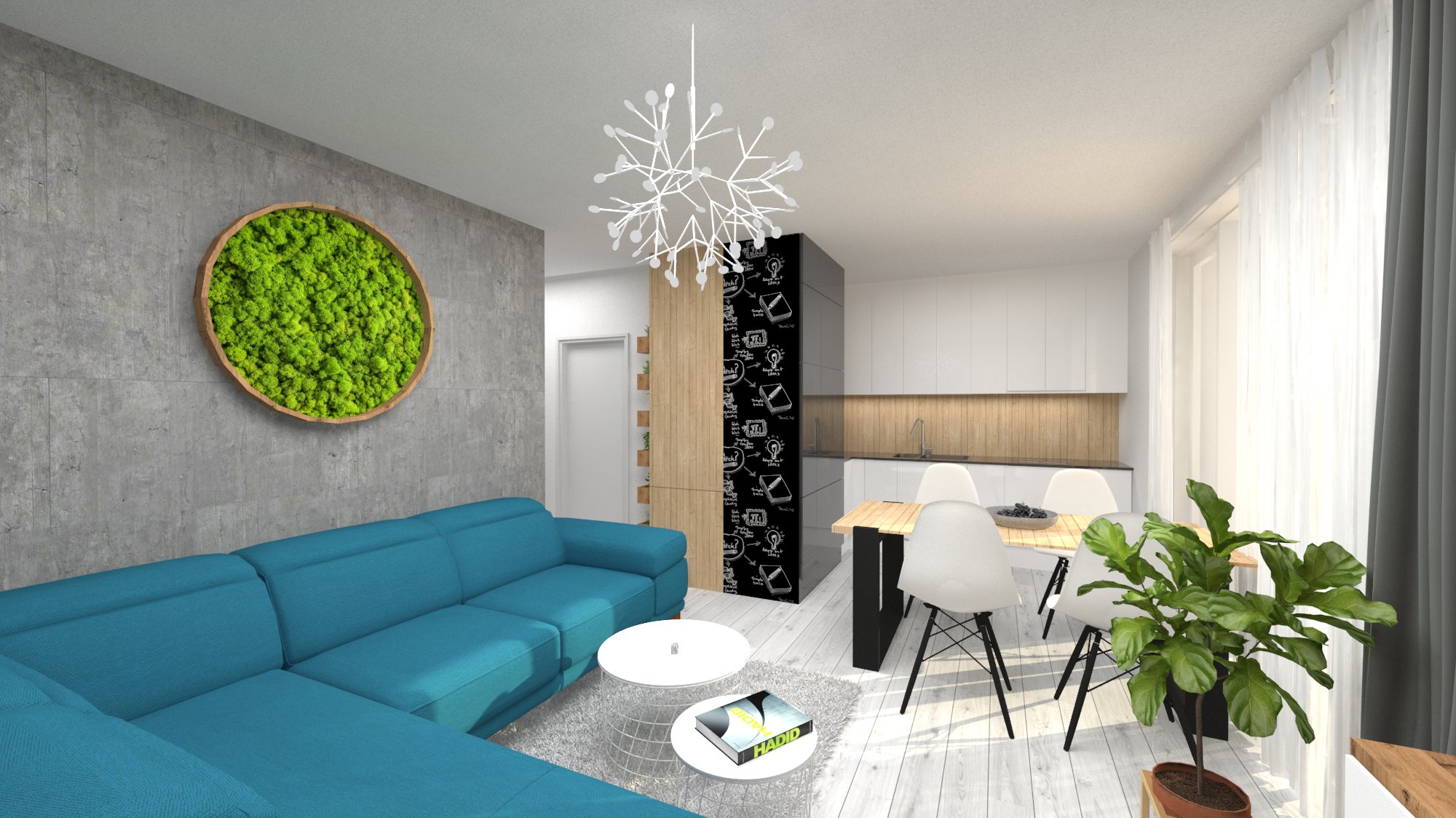 Návrh interiéru pre byt v novostavbe - obývačka s kuchyňou