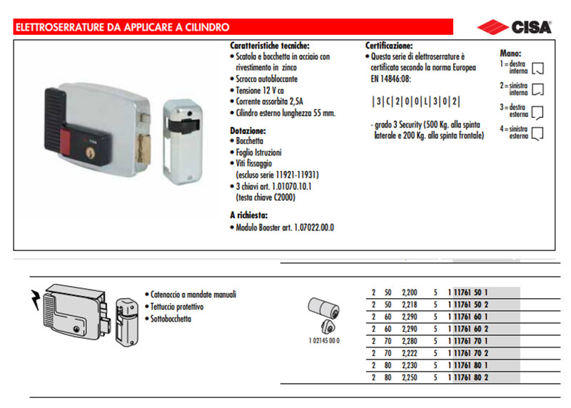 Cisa elettroserratura da applicare con pulsante 12V entrata 60 destra