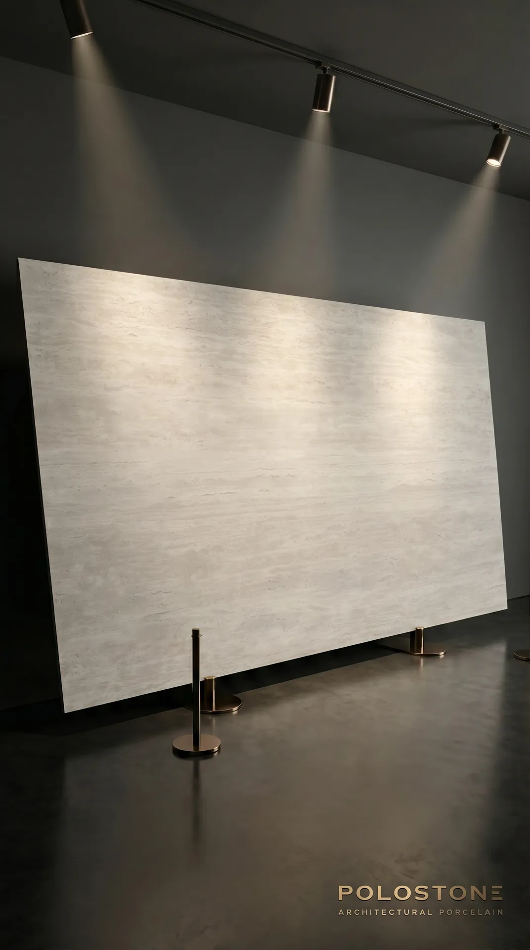 לוח פורצלן Travertine Grey בחדר התצוגה