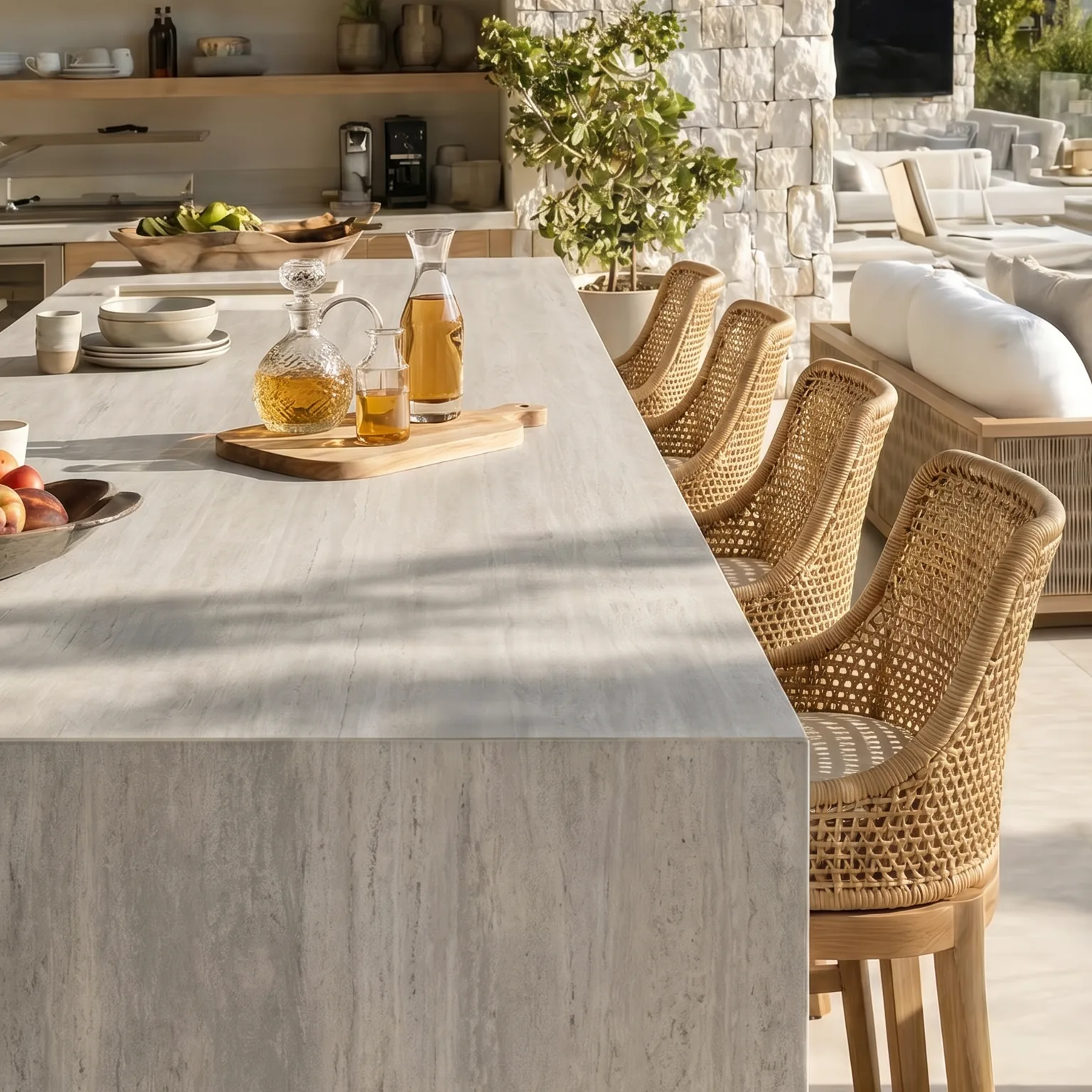 אי למטבח חוץ מקורה מפורצלן Travertine Beige עם Waterfall וכיסאות בר
