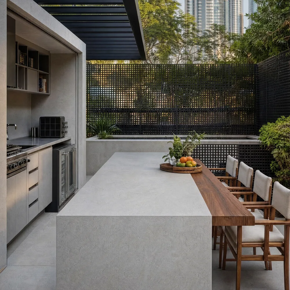 אי למטבח חוץ מפורצלן Sandstone Grey עם Waterfall ובר עץ, על גג בתל אביב