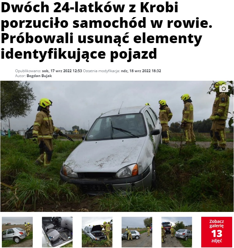 Dwóch 24-latków z Krobi porzuciło samochód w rowie. Odkręcili tablice rejestracyjne, żeby zatrzeć ślady