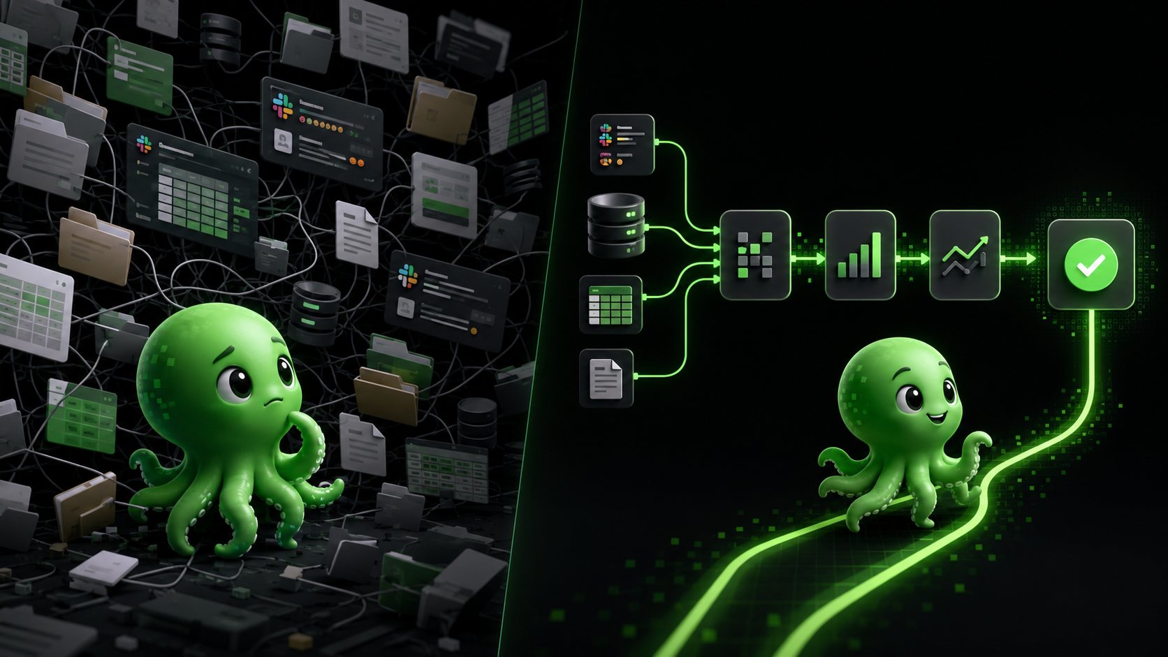 Poly faces a chaotic archive of company files on one side and follows a structured path from trusted sources to a verified answer on the other.