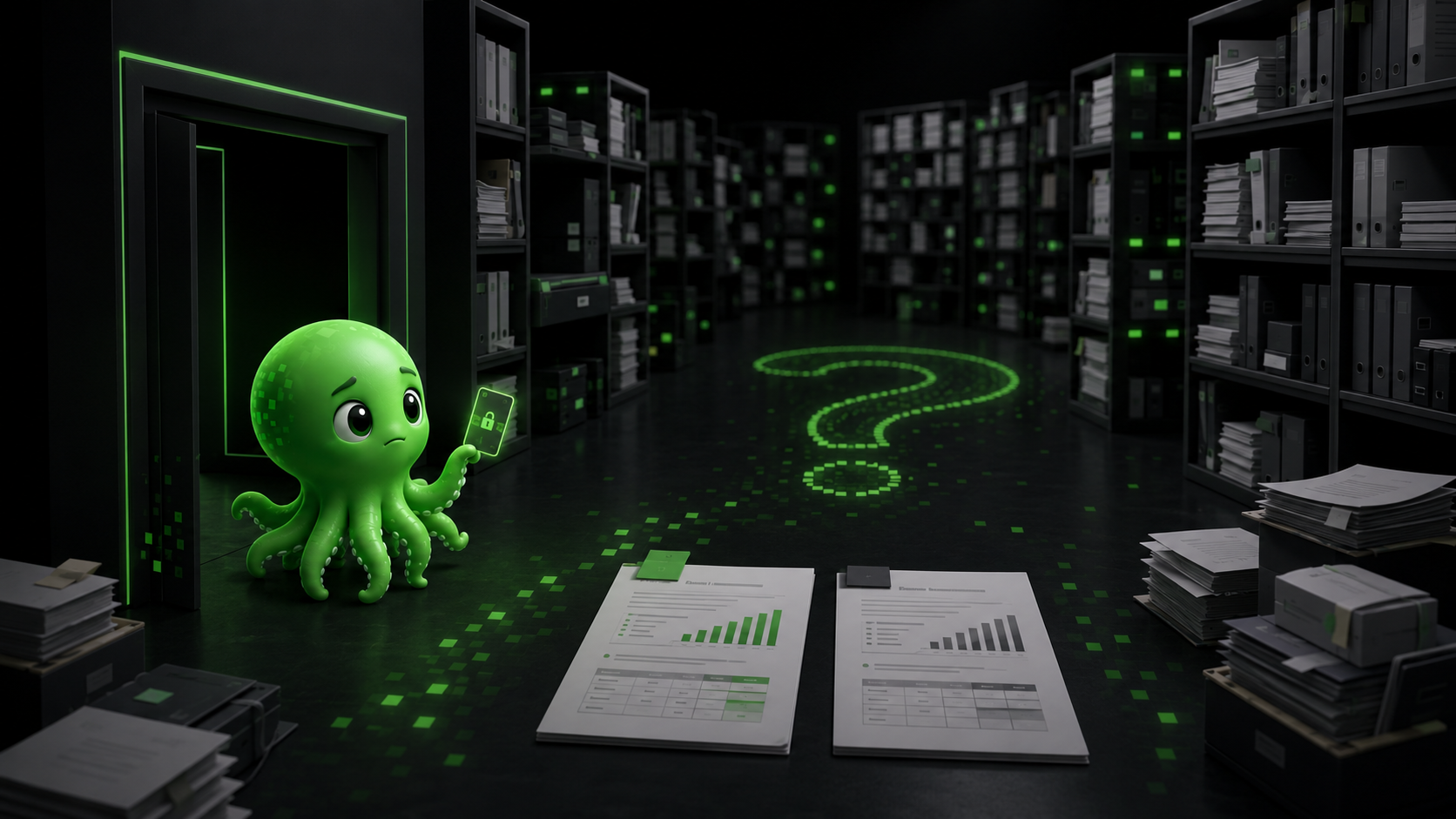 Poly enters a vast company archive with full access but no clear way to choose between conflicting information.