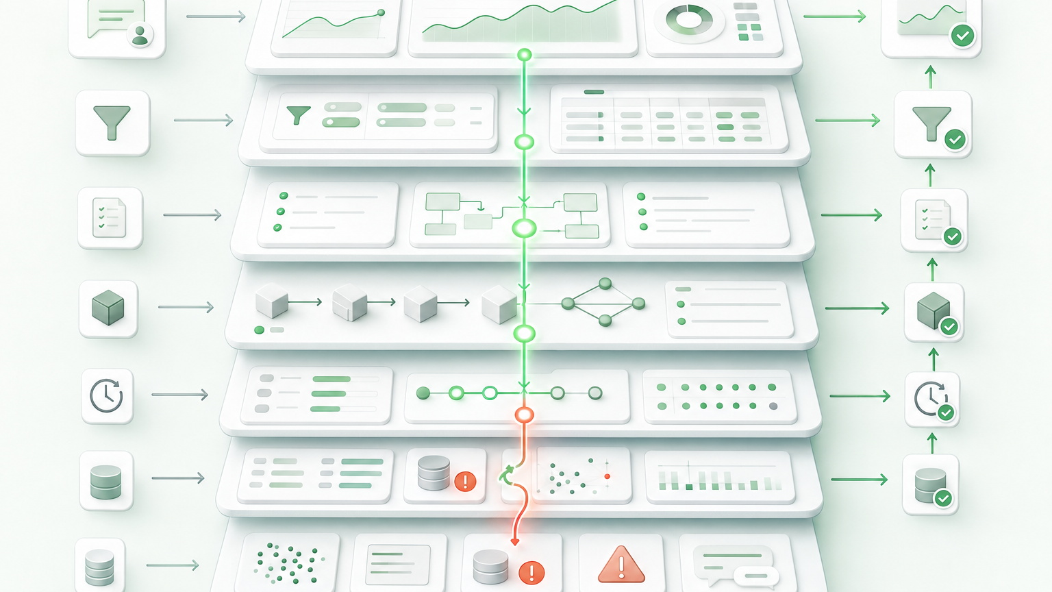 Connected layers link a user request and dashboard to definitions, models, jobs, and raw source data