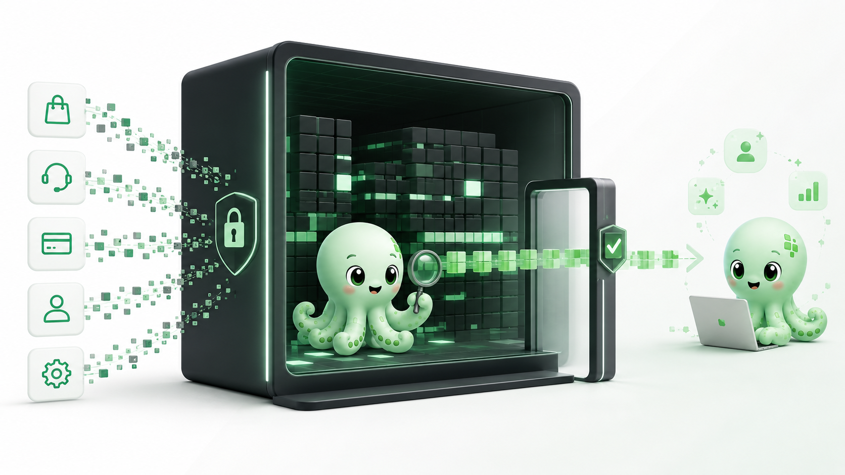 Product, support, payment, and customer data are cleaned inside a secure warehouse before approved context is released.