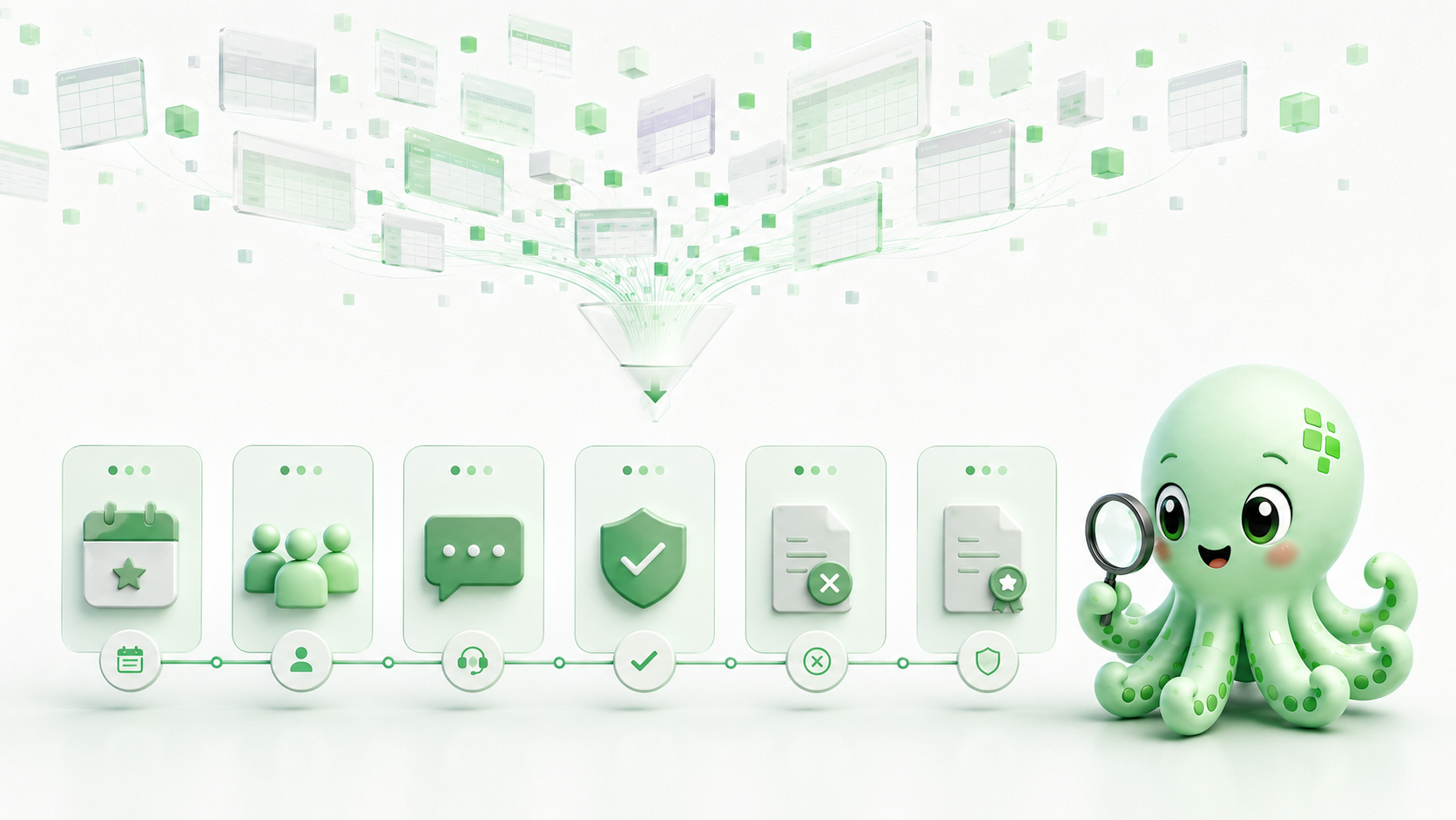 Disconnected data tables become a chronological timeline of customer activities.