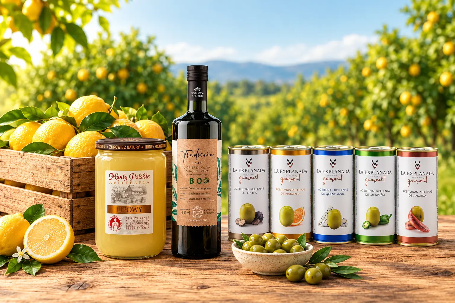 Mix kwaśne cytryny 5 kg, 15 puszek oliwek Explanada Gourmet, polski miód lipowy 950 g + oliwa Tradición 1640 Organic 500 ml