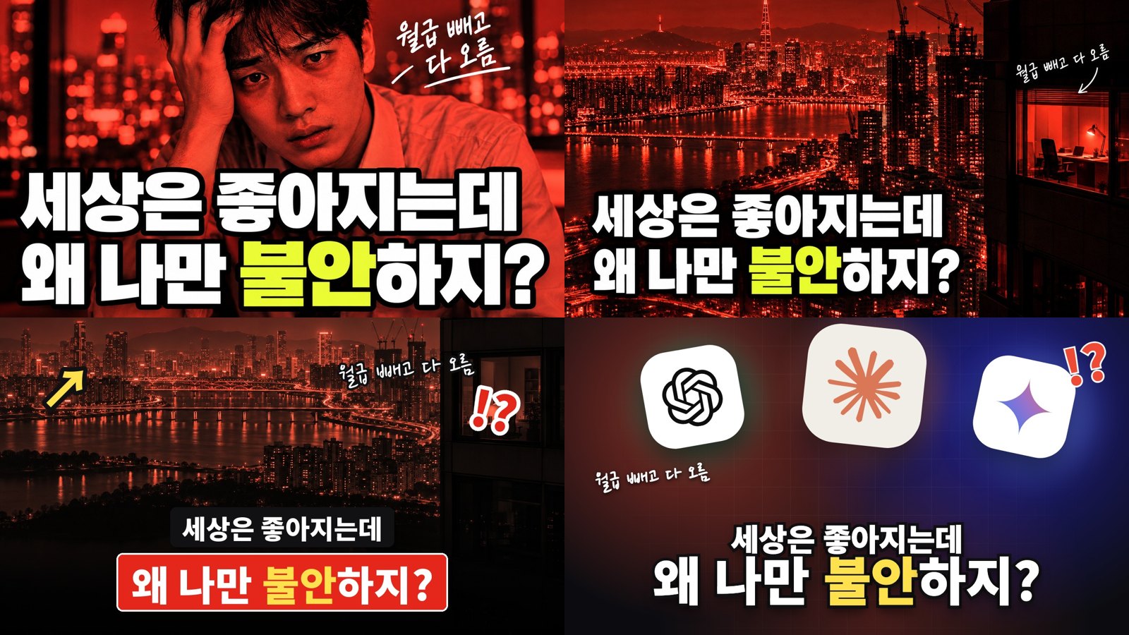 사람이 나오는 첫 썸네일부터 AI 아이콘이 떠 있는 최종 썸네일까지 네 가지 시안