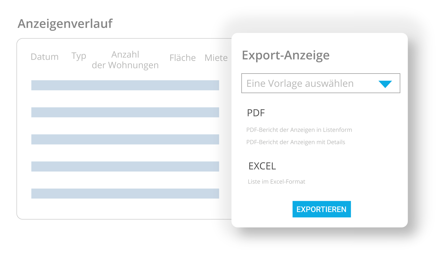 Exportieren Sie die Historie von Transaktionen, Ermittlungen und Immobilienanzeigen.