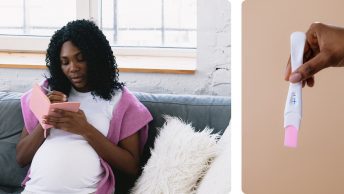 Two images. The first of a pregnant woman looking at a booklet and the other of a pregnancy test