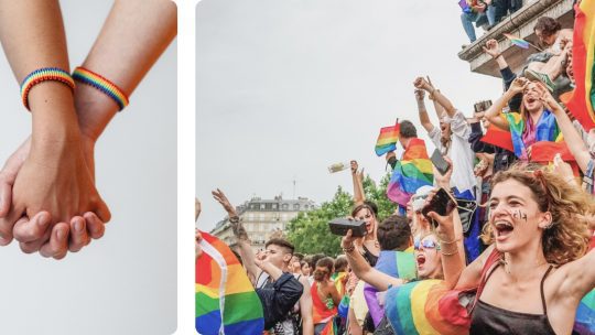 Two images: one of a queer couple holding hands and a modern pride parade