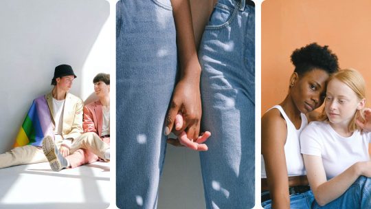 Three images of queer people. Two men, two women holding hands, and two women sitting next to each other