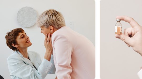 Two women. One looking lovingly into the eyes of the other and the second of the HPV vaccine