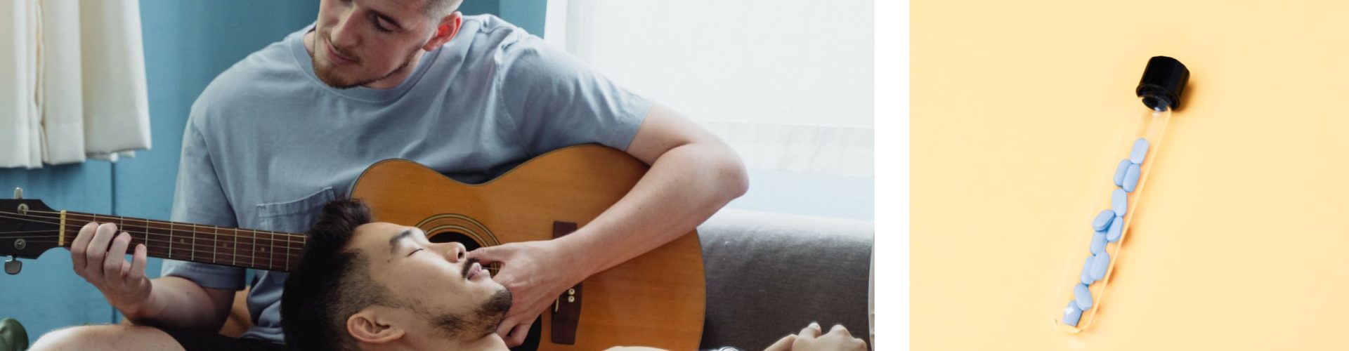 Two images. The first of a man playing a guitar to another man and the other of a bottle of prep pills